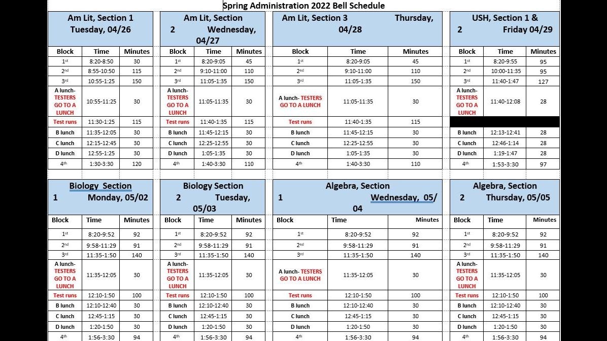 EOC Testing Schedule Spring 2022